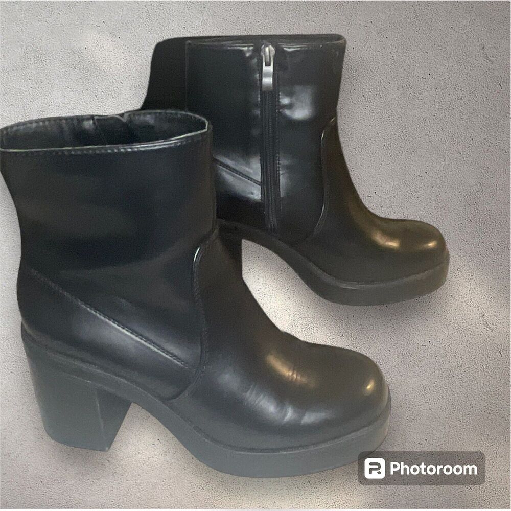 Steve Madden Womens Sz 7.5 Black Faux Leather Platform Chunky Boots 90's Y2K